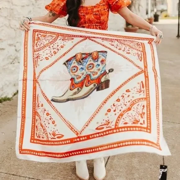 Cream Western Boots Print Wild Rag Scarf - Picture 2 of 3